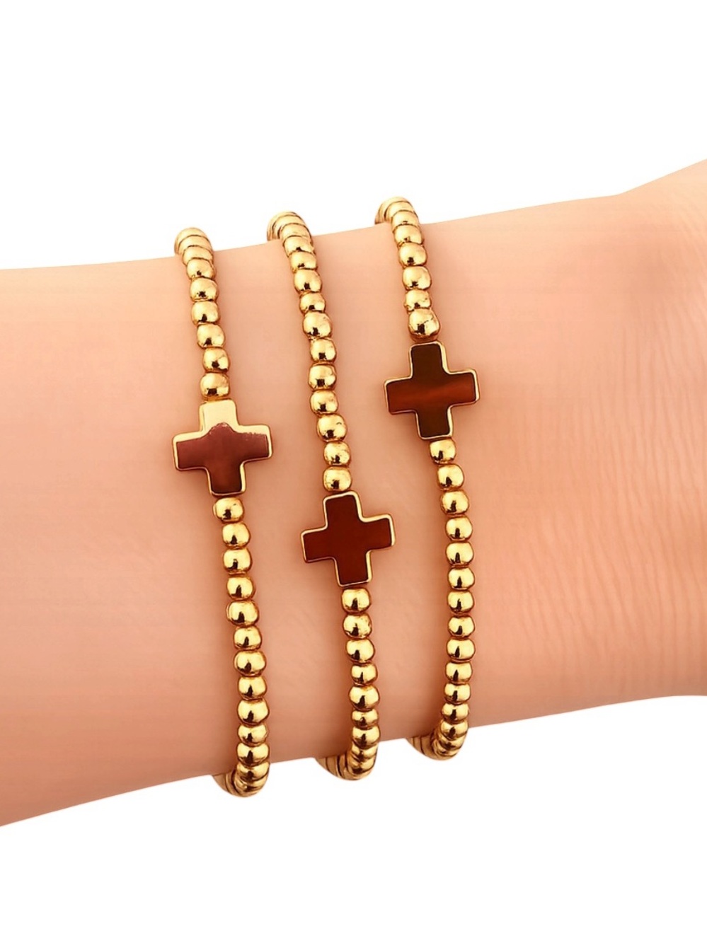 NWT Gold Beaded Bracelet Trinity Trio with Brown Cross Charms